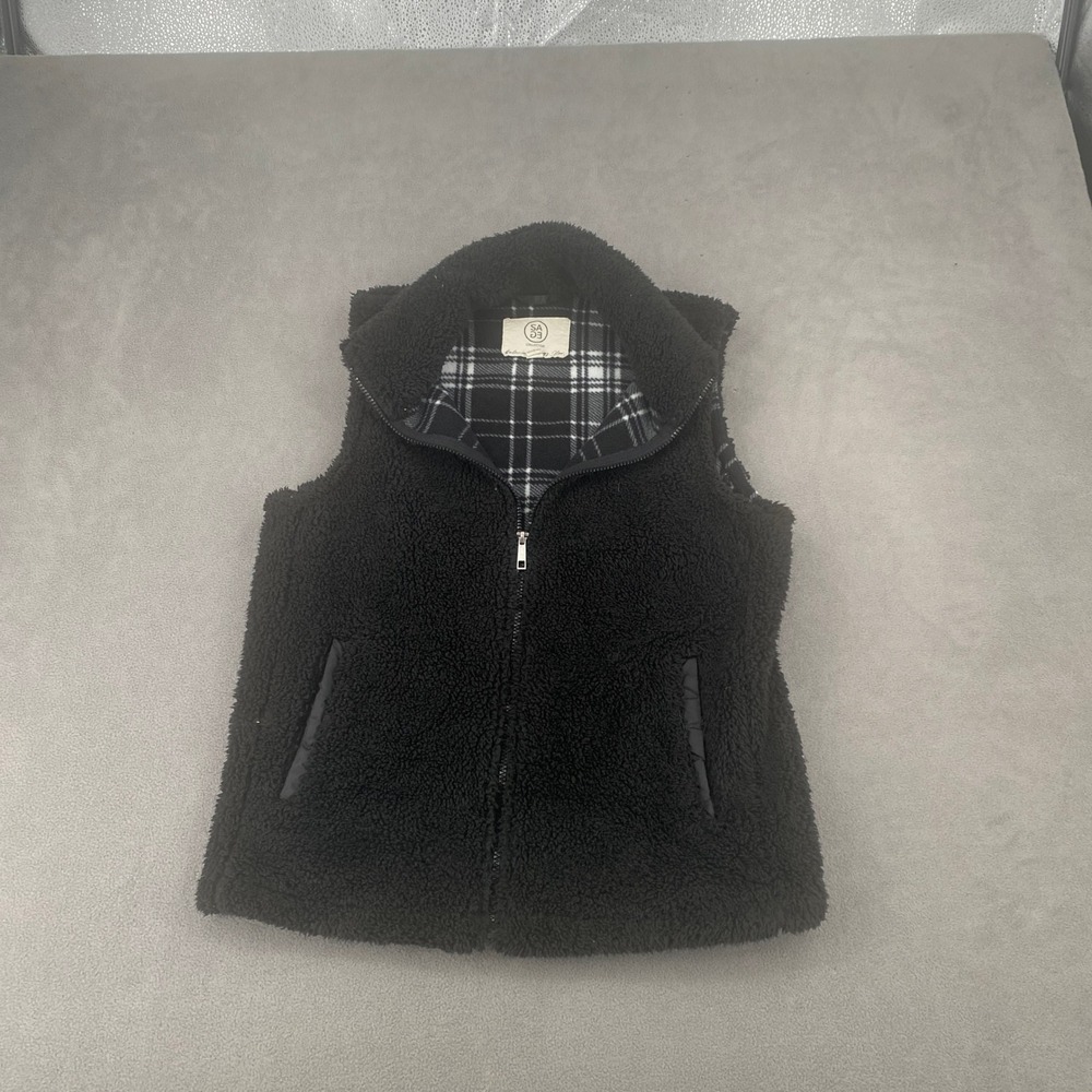 Sage Collective Black Sherpa Fleece Vest Plaid Lined Full Zip Small 1780562